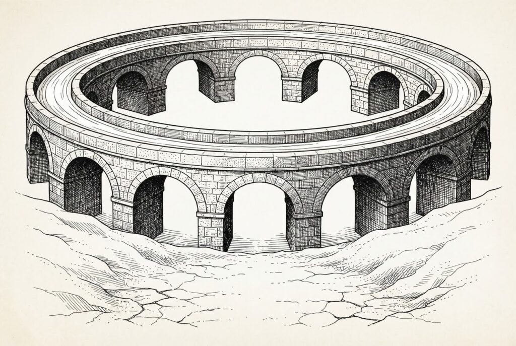 A monumental stone aqueduct forming a closed circle, carrying a thin stream of water that flows endlessly back into itself while a dry cracked valley waits below - representing the compute landlord financing its tenant's public exit in a capital loop that never escapes