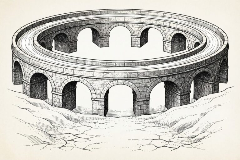 A monumental stone aqueduct forming a closed circle, carrying a thin stream of water that flows endlessly back into itself while a dry cracked valley waits below - representing the compute landlord financing its tenant's public exit in a capital loop that never escapes