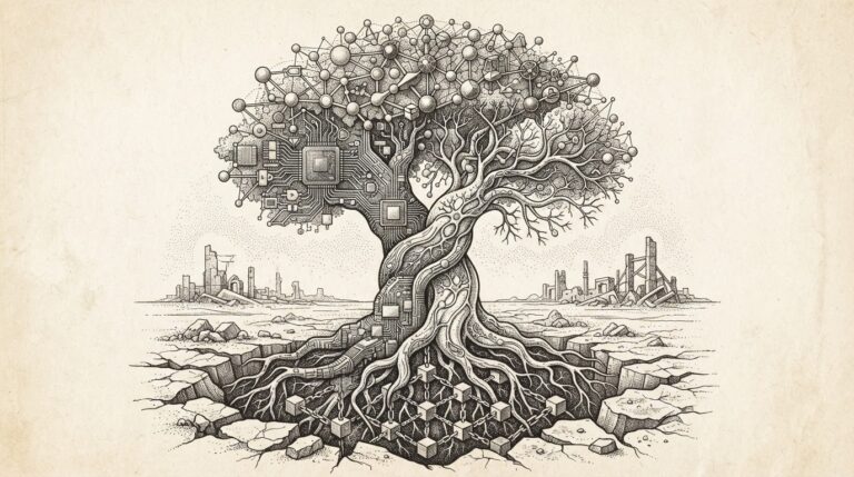 Pen-and-ink engraving of intertwined silicon and neural network tree trunks merging into a single canopy over a cracked plain, representing NVIDIA's vertical integration from compute to model marketplace