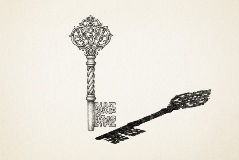 An oversized ornate skeleton key casting a long shadow on a blank wall, symbolizing the hard-coded credentials vulnerability in NVIDIA Infrastructure Controller that gives universal access to AI data center control planes.