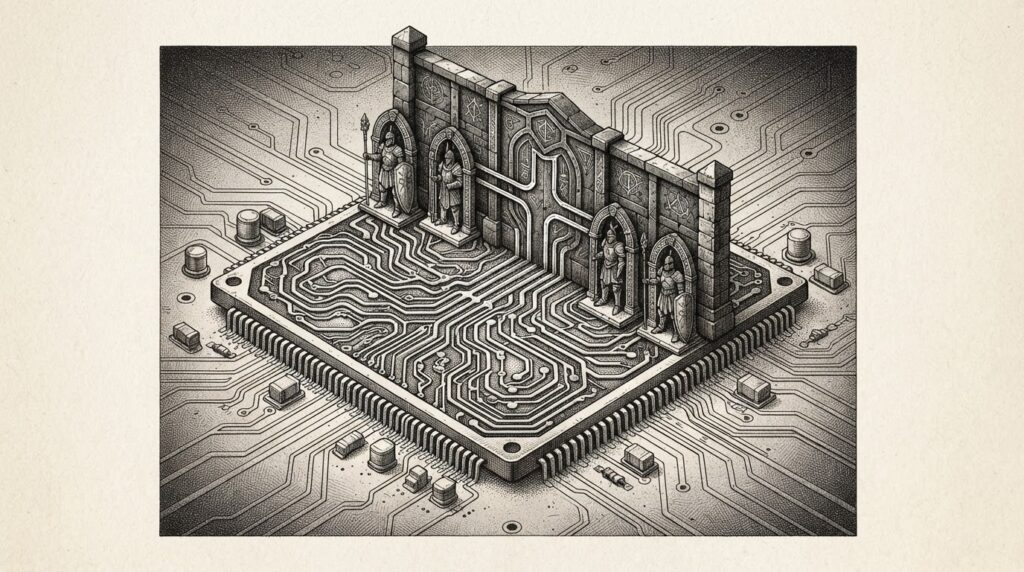 A monochrome pen-and-ink engraving of a silicon chip with circuit pathways rising into a medieval stone gatehouse guarded by armored sentinels — governance embedded at the hardware level.