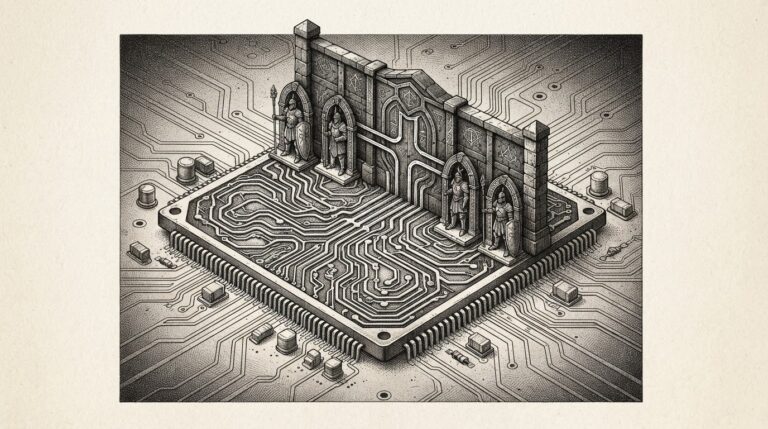 A monochrome pen-and-ink engraving of a silicon chip with circuit pathways rising into a medieval stone gatehouse guarded by armored sentinels — governance embedded at the hardware level.