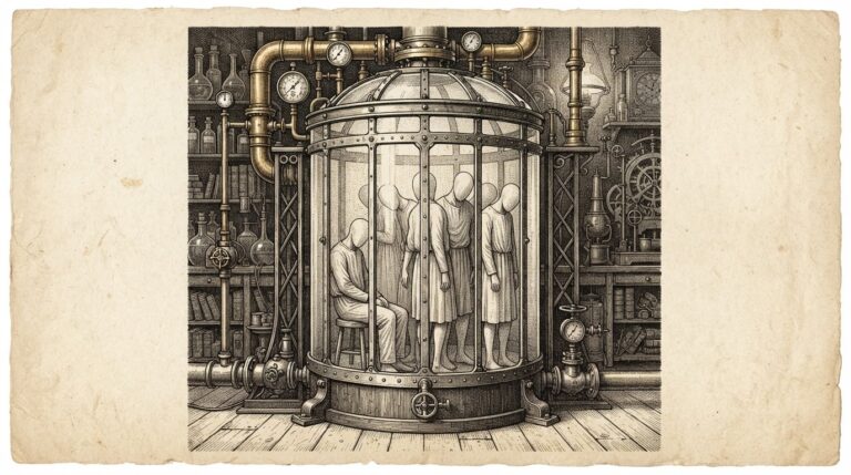 A Victorian glass laboratory containment chamber with multiple faceless figures visible inside, constrained by the chamber walls rather than by their own will - infrastructure-level control as the boundary.