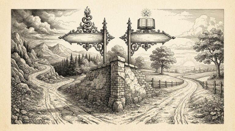 Two signposts at a fork in a road pointing in opposite directions, each with different ornate decorative heads but no text - representing the collision between industry self-governance and state regulatory authority