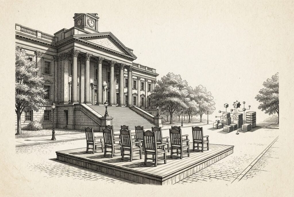 A municipal courthouse or city hall building with empty witness chairs set before it, suggesting AI agents being called to testify. Monochrome pen-and-ink engraving on warm off-white aged paper with visible cross-hatching and stippling. Conceptual, not literal.