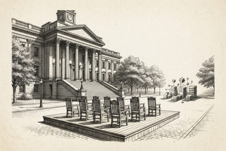 A municipal courthouse or city hall building with empty witness chairs set before it, suggesting AI agents being called to testify. Monochrome pen-and-ink engraving on warm off-white aged paper with visible cross-hatching and stippling. Conceptual, not literal.