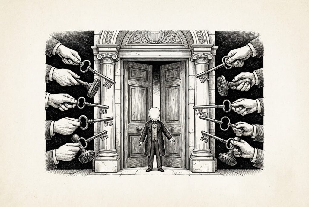 A faceless figure in formal attire stands at a tall municipal threshold while private hands from the margins hold ornate keys and stamped approval seals - the gate belongs to the city but the keys belong to private validators and whistleblowers