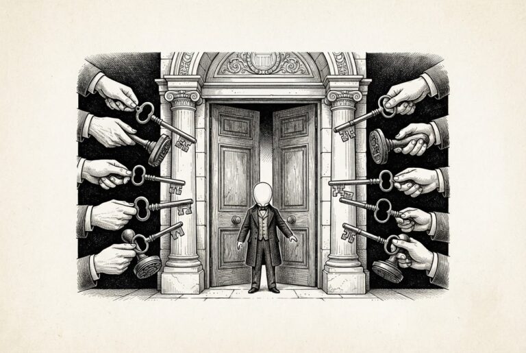 A faceless figure in formal attire stands at a tall municipal threshold while private hands from the margins hold ornate keys and stamped approval seals - the gate belongs to the city but the keys belong to private validators and whistleblowers