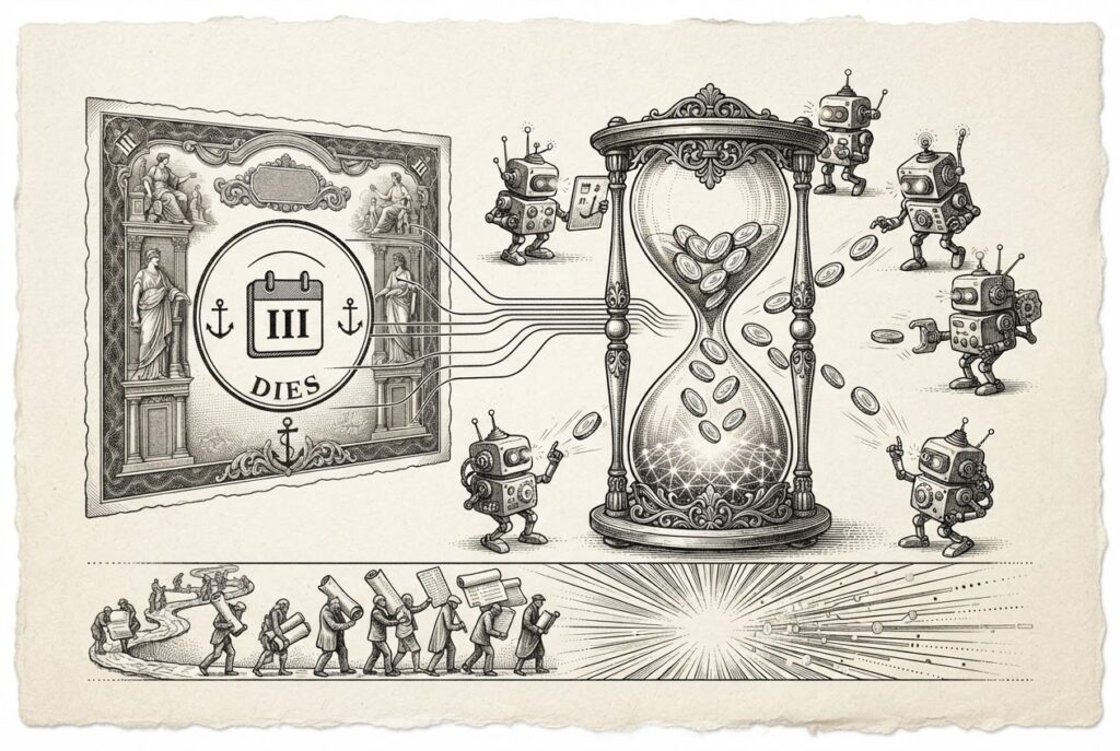 A traditional bond certificate with a three-day calendar stamp being transformed into an instant digital exit through a Dutch auction hourglass, with solver nodes competing around it