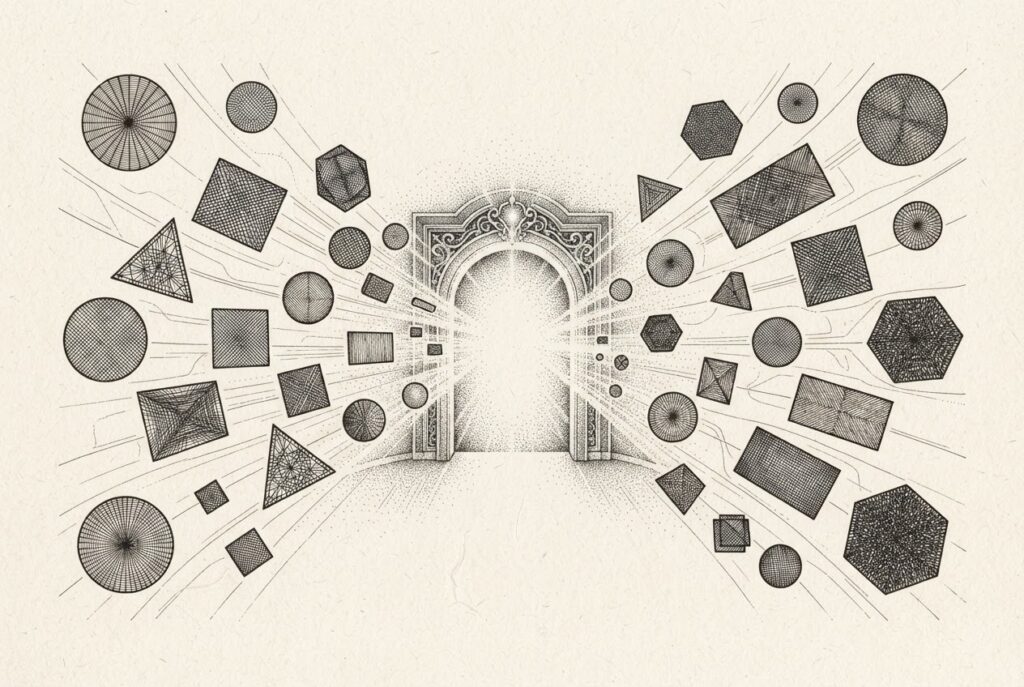 Diverse geometric shapes with distinct internal textures converge toward a central open archway — multiple authentication protocols arriving at one verification gateway