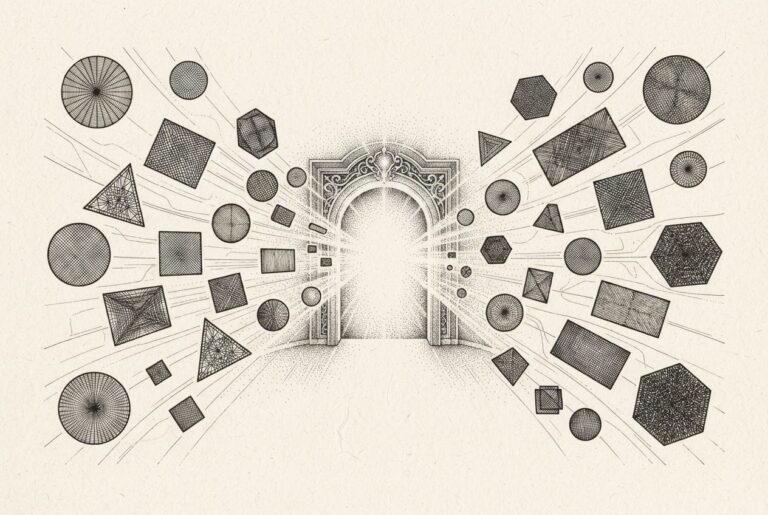 Diverse geometric shapes with distinct internal textures converge toward a central open archway — multiple authentication protocols arriving at one verification gateway