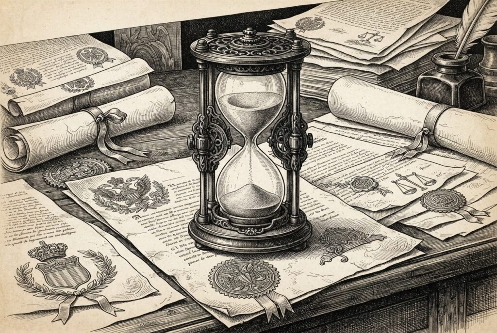 A mechanical hourglass with sand nearly depleted, sitting on a desk with ornate official government seals and documents around it - the compliance window closing