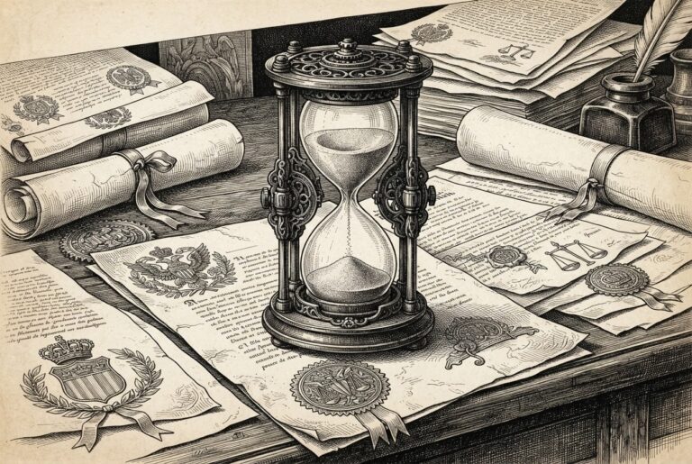 A mechanical hourglass with sand nearly depleted, sitting on a desk with ornate official government seals and documents around it - the compliance window closing