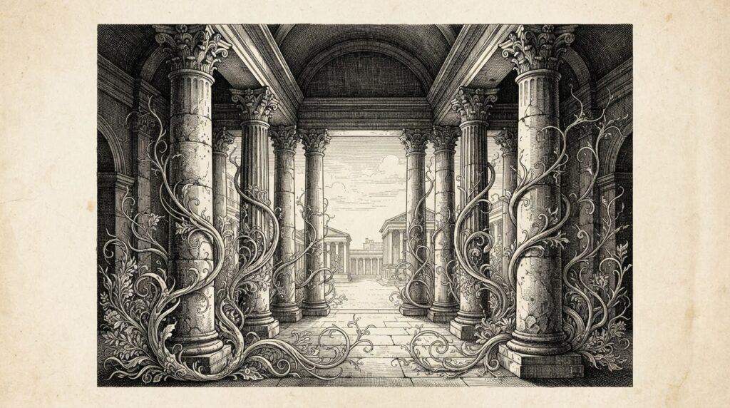 A classical colonnade of heavy stone pillars forming an ancient institutional portico, with organic vine-like tendrils weaving between the columns, connecting old stone to new growth. Monochrome pen-and-ink engraving on warm paper. Conceptual allegory of integration into existing frameworks.