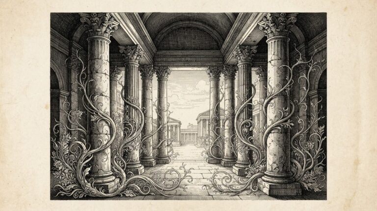 A classical colonnade of heavy stone pillars forming an ancient institutional portico, with organic vine-like tendrils weaving between the columns, connecting old stone to new growth. Monochrome pen-and-ink engraving on warm paper. Conceptual allegory of integration into existing frameworks.