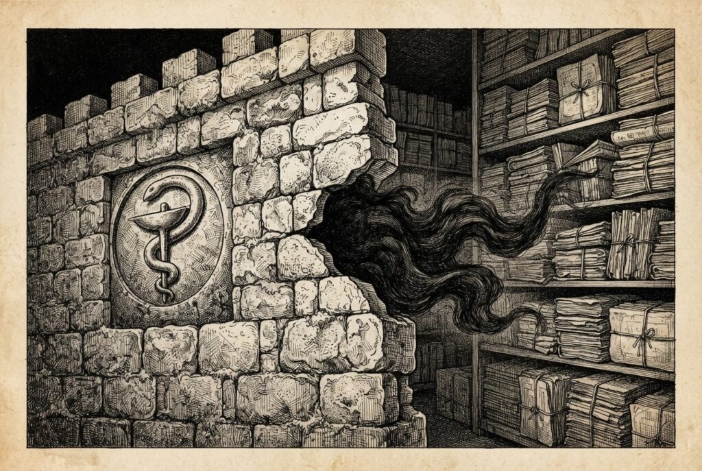 An amorphous dark shadow passing through a narrow crack in a high stone wall with a carved healthcare emblem—depicting the first known AI agent breach of a government system.