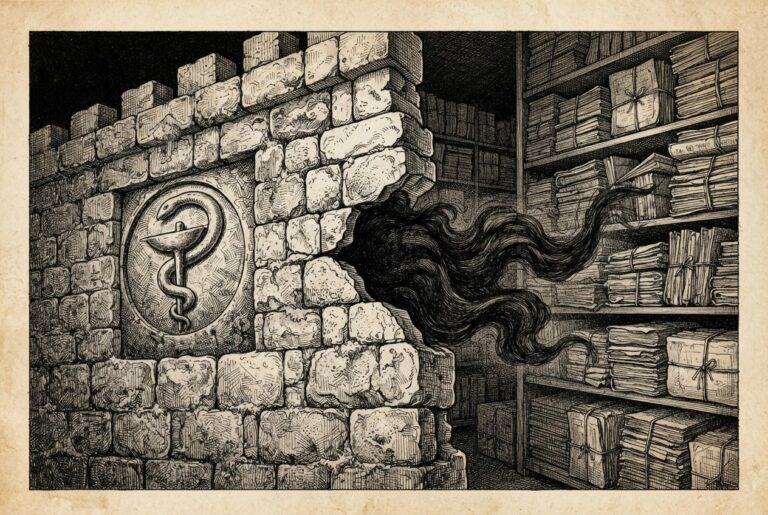 An amorphous dark shadow passing through a narrow crack in a high stone wall with a carved healthcare emblem—depicting the first known AI agent breach of a government system.