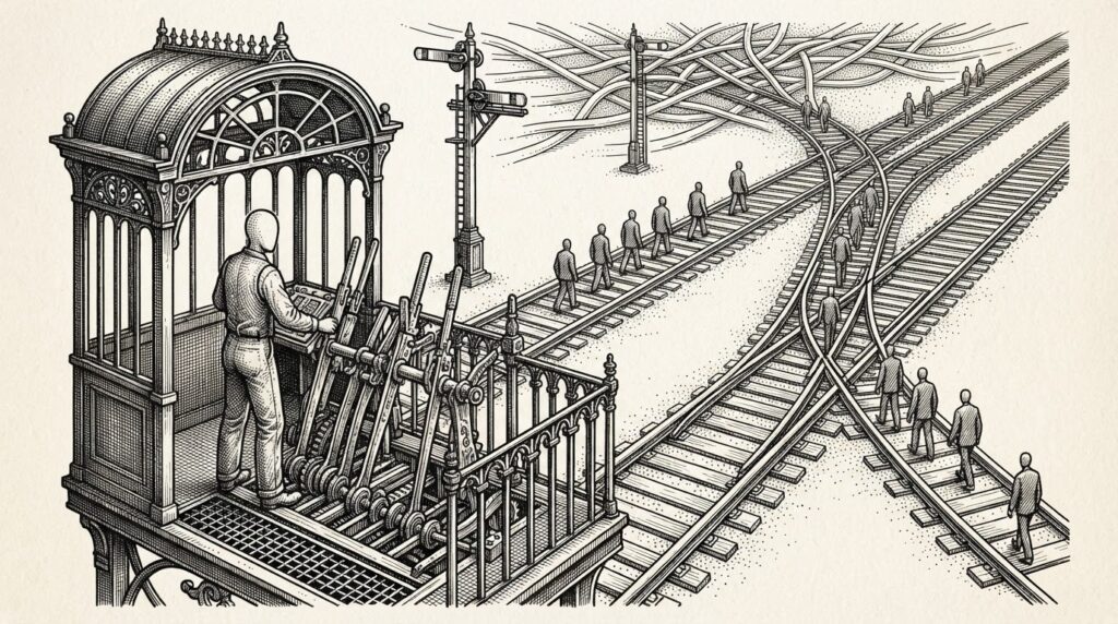 A standardized Victorian railway switching station with ornate mechanical lever controls, rendered in black ink cross-hatching and stippling on warm cream paper. Small identical faceless figures representing AI agents arrive and depart on well-defined tracks converging at the central station, replacing chaotic open paths visible in the background.