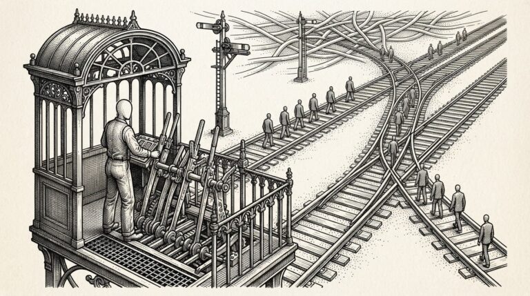 A standardized Victorian railway switching station with ornate mechanical lever controls, rendered in black ink cross-hatching and stippling on warm cream paper. Small identical faceless figures representing AI agents arrive and depart on well-defined tracks converging at the central station, replacing chaotic open paths visible in the background.