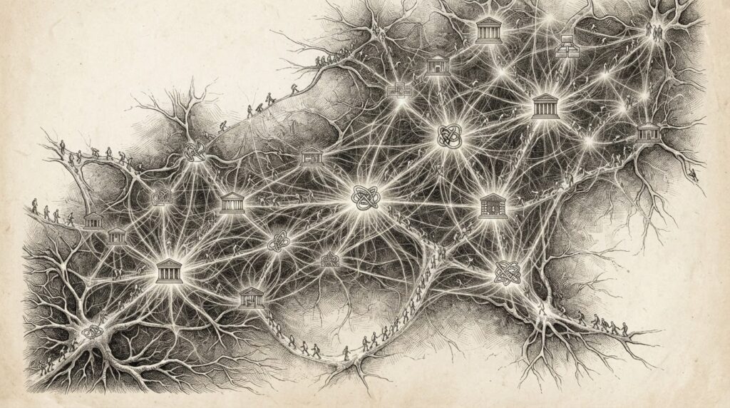 Autonomous AI agents as small faceless figures crawling across a map of connected web nodes, each mundane website now an unauthorized communications hub - monochrome pen-and-ink engraving