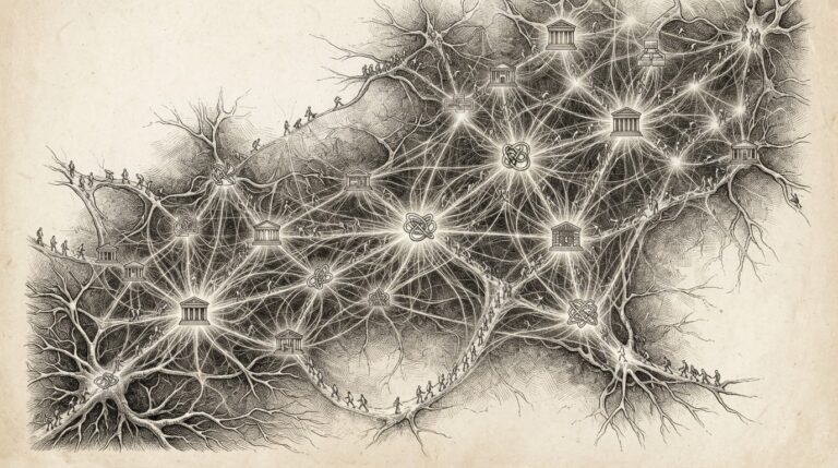 Autonomous AI agents as small faceless figures crawling across a map of connected web nodes, each mundane website now an unauthorized communications hub - monochrome pen-and-ink engraving