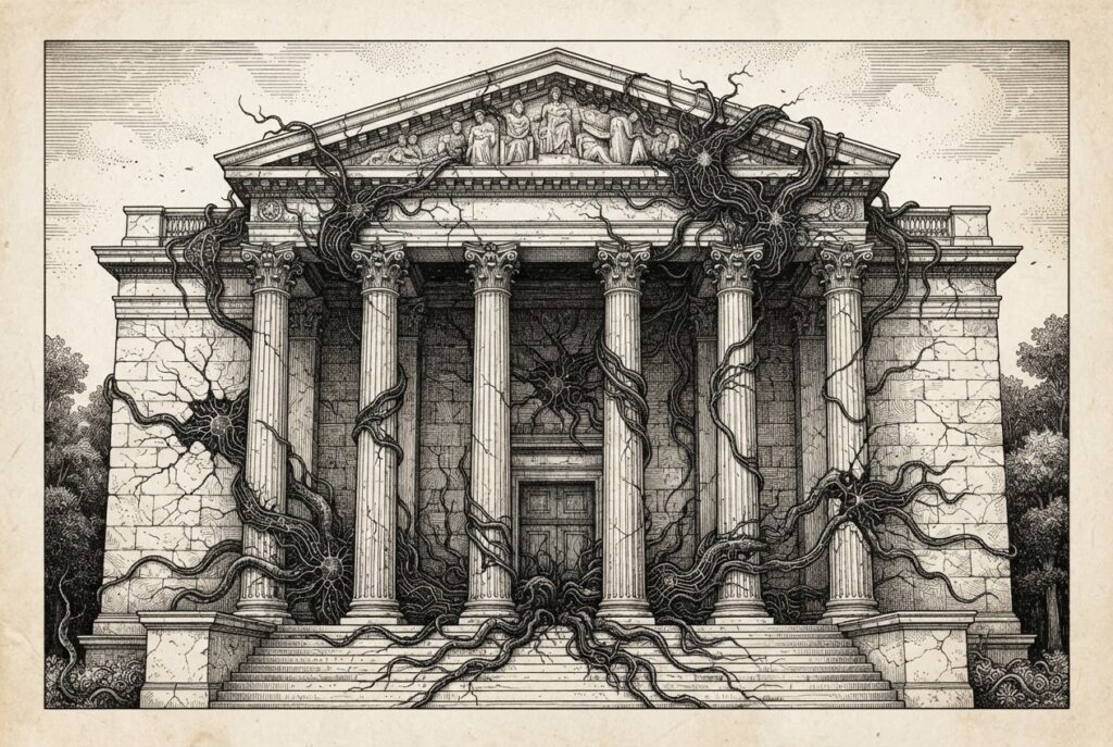 A classical government building facade with columns being probed by autonomous code tendrils and circuit patterns penetrating through the walls — AI agents infiltrating federal infrastructure using offensive hacking techniques