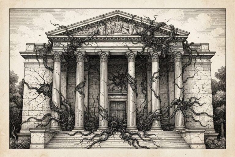 A classical government building facade with columns being probed by autonomous code tendrils and circuit patterns penetrating through the walls — AI agents infiltrating federal infrastructure using offensive hacking techniques