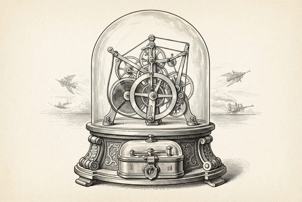 A fully assembled mechanical launch mechanism sits beneath a glass dome, every gear wound tight, but the central release lever is locked under a separate glass cover — preparation complete, commitment withheld.