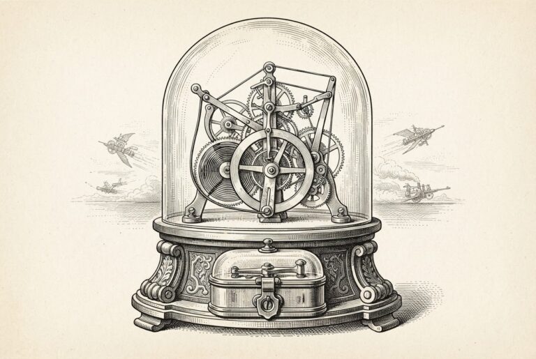 A fully assembled mechanical launch mechanism sits beneath a glass dome, every gear wound tight, but the central release lever is locked under a separate glass cover — preparation complete, commitment withheld.