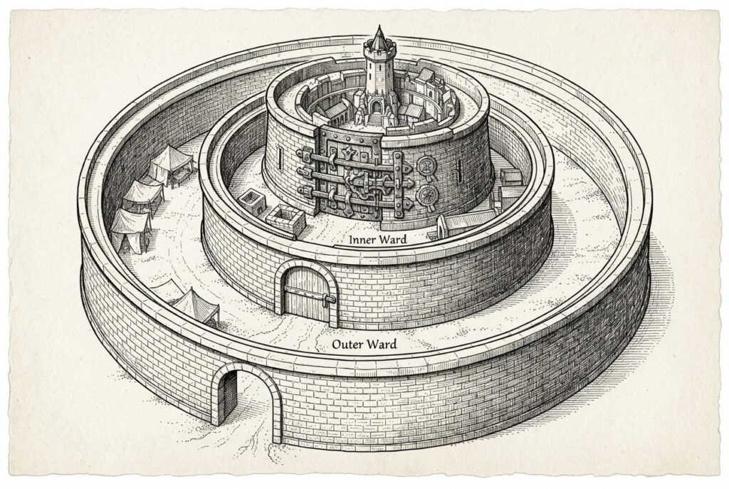 Three concentric fortified walls in cutaway view with progressively tighter locks at each tier - representing OpenAI's tiered gated access architecture for cybersecurity models