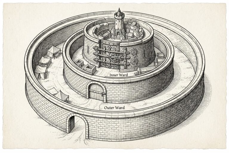 Three concentric fortified walls in cutaway view with progressively tighter locks at each tier - representing OpenAI's tiered gated access architecture for cybersecurity models