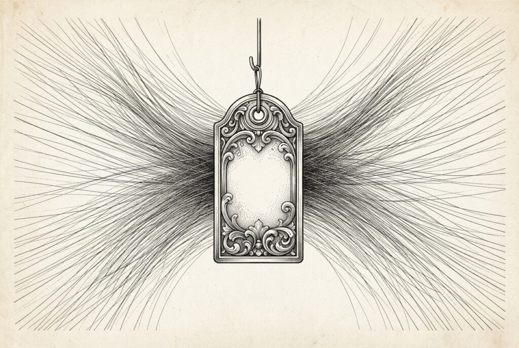 An ornate hand-drawn price tag suspended from a hook with thousands of fine engraved threads converging on it from all directions, representing the $500/mo Pro 500 tier as the center of gravity for OpenAI's agent ecosystem.