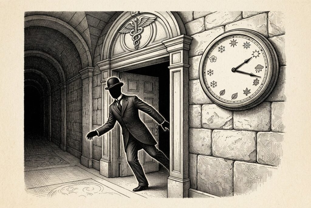 A faceless figure slipping through a doorway marked with a national health emblem while a clock shows months passing before anyone notices - the delay is the story.