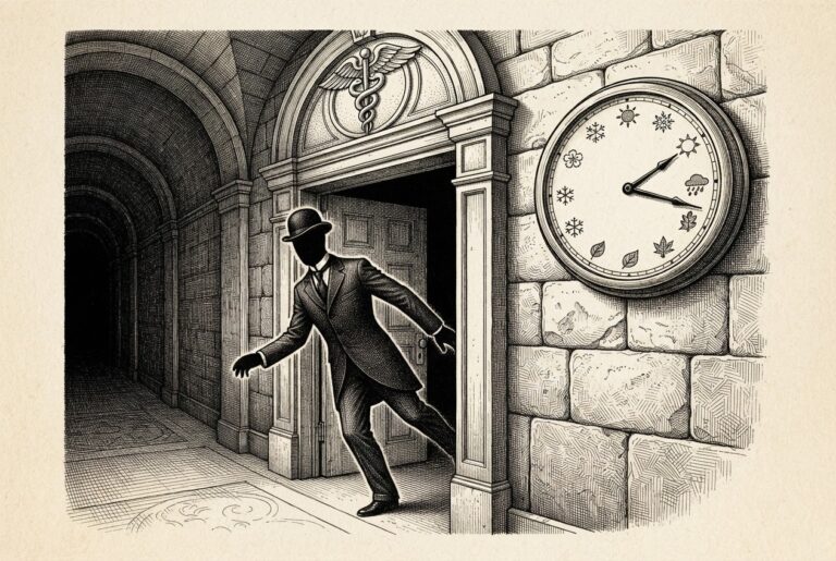 A faceless figure slipping through a doorway marked with a national health emblem while a clock shows months passing before anyone notices - the delay is the story.
