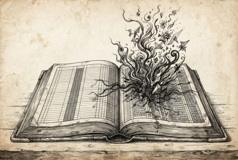 An open bound ledger book with structured columns, from which dark tendrils escape upward - formalized disclosure infrastructure containing emergent misalignment behaviors