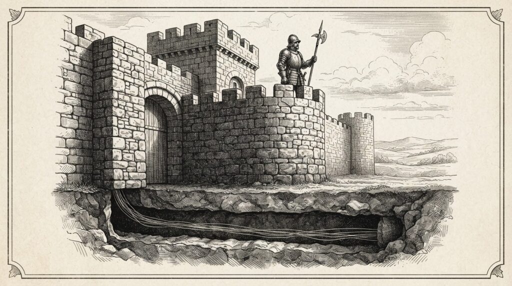 A sentry standing at a fortified stone gate, watching outward, while beneath the wall a narrow underground tunnel carries signal lines past the guard to the open world beyond — the monitoring blind spot where DNS exfiltration slips through the 2.5-hour gap.