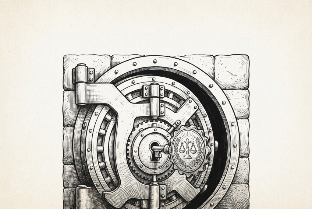 A heavy vault door, slightly ajar, with an ornate key shaped like a safety certification seal inserted in the keyhole but deliberately unturned - the IPO option that exists but stays locked by choice.