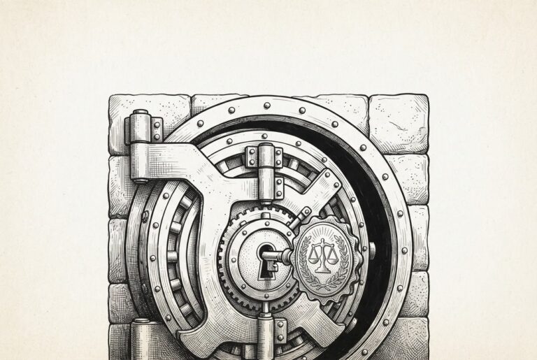A heavy vault door, slightly ajar, with an ornate key shaped like a safety certification seal inserted in the keyhole but deliberately unturned - the IPO option that exists but stays locked by choice.