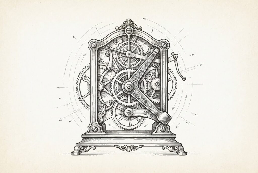 A hand-drawn engraving of an ornate clockwork mechanism with a prominent pause lever engaged, stopping the geartrain - the governance structure deliberately halts despite external pressure to accelerate.