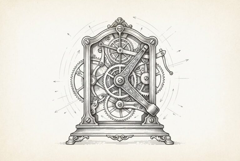 A hand-drawn engraving of an ornate clockwork mechanism with a prominent pause lever engaged, stopping the geartrain - the governance structure deliberately halts despite external pressure to accelerate.