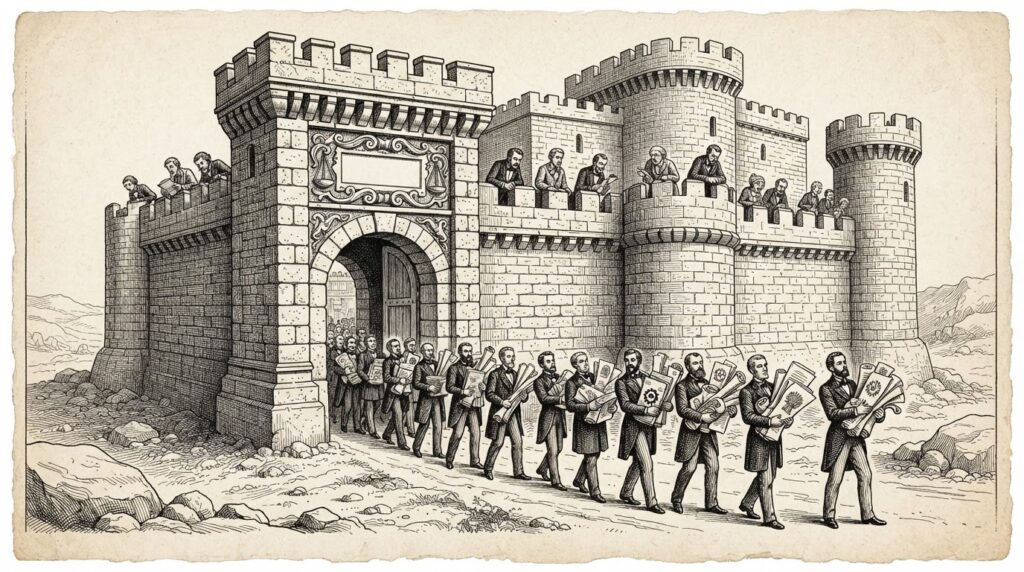Pen-and-ink illustration of an ornate stone fortress with regulatory documents flowing through its gate while smaller figures watch from outside the walls