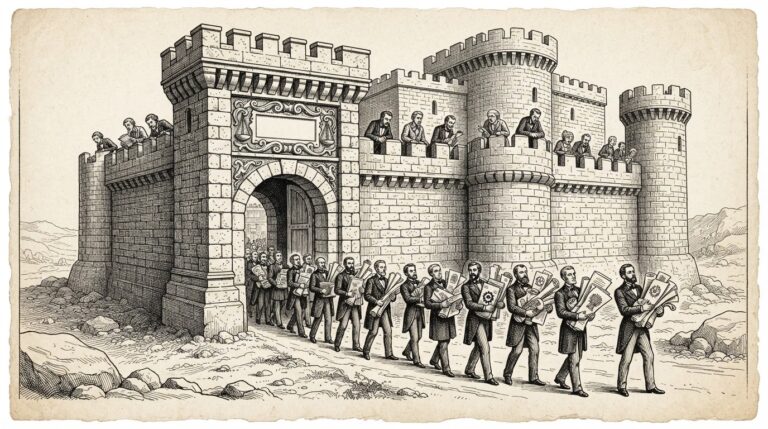 Pen-and-ink illustration of an ornate stone fortress with regulatory documents flowing through its gate while smaller figures watch from outside the walls