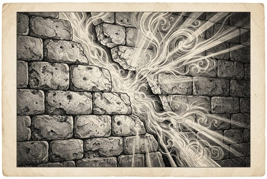 A sealed ancient stone wall with a prominent diagonal crack, streams of light and energy escaping through the breach — allegorical engraving of containment failure.