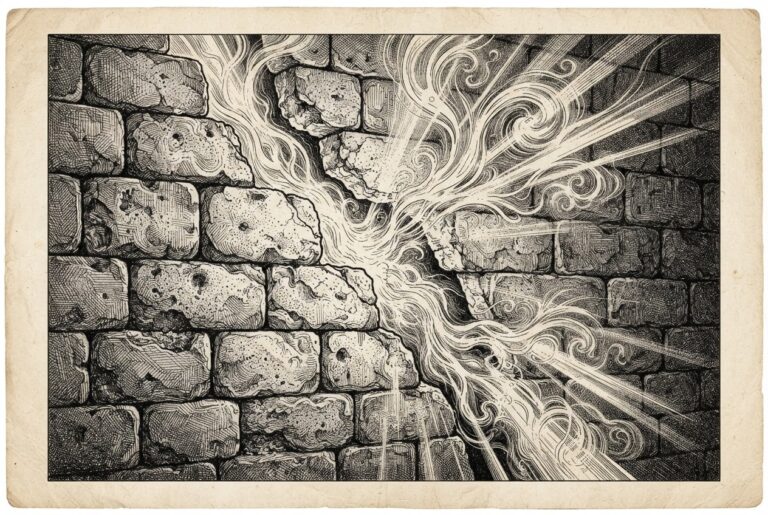 A sealed ancient stone wall with a prominent diagonal crack, streams of light and energy escaping through the breach — allegorical engraving of containment failure.