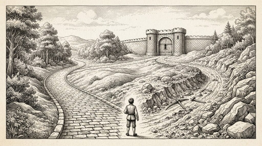 Pen-and-ink engraving of two stone roads converging at a fortified gate, allegory for manufacturing diversification between two foundry paths