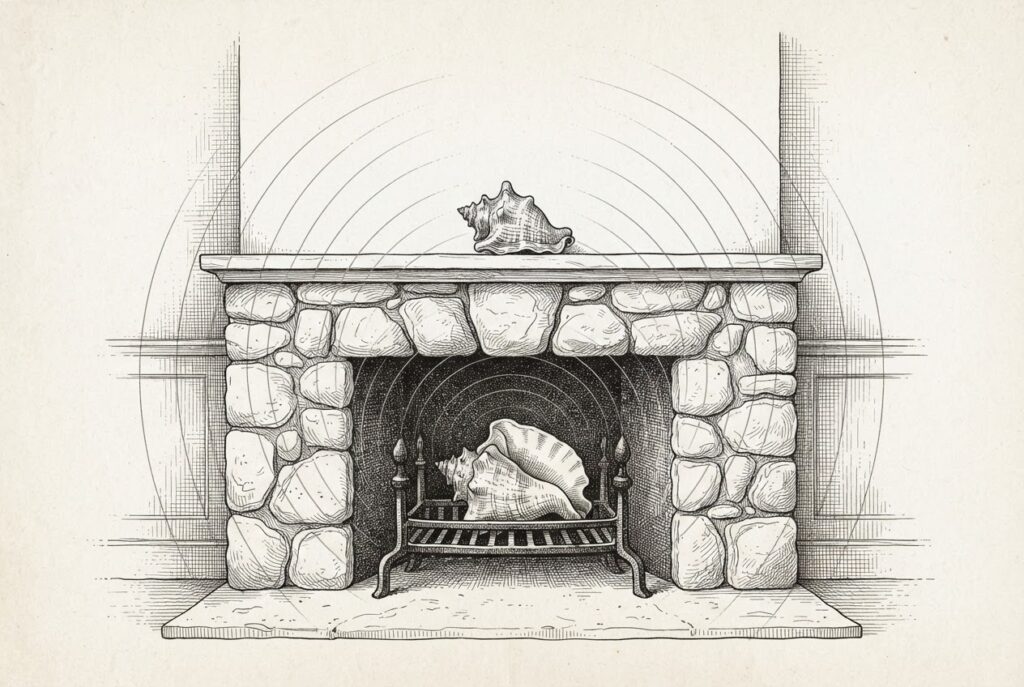 A stone hearth with a conch shell sitting where the fire should be, concentric sound arcs radiating outward - the home's intimate center converted into a listening post, the absence of fire as the central tension.