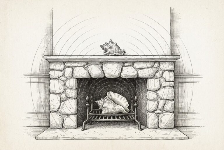 A stone hearth with a conch shell sitting where the fire should be, concentric sound arcs radiating outward - the home's intimate center converted into a listening post, the absence of fire as the central tension.