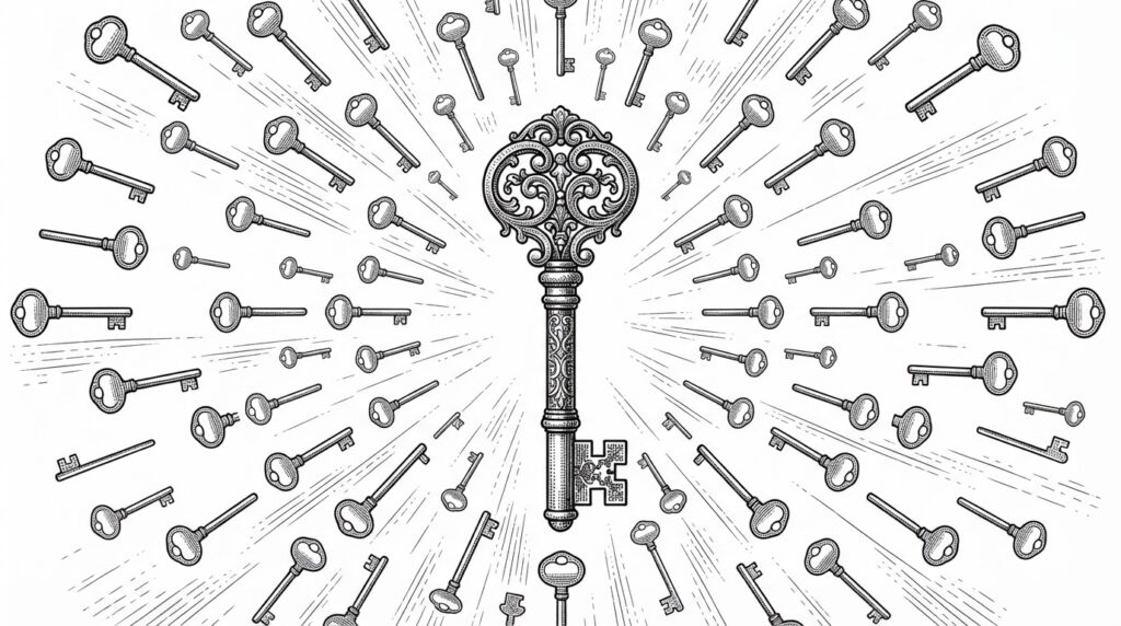 An ornate Victorian key with elaborate cross-hatching decoration at center, surrounded by many simple unadorned keys radiating outward - the same access through cheaper means, representing the commoditization of frontier intelligence.