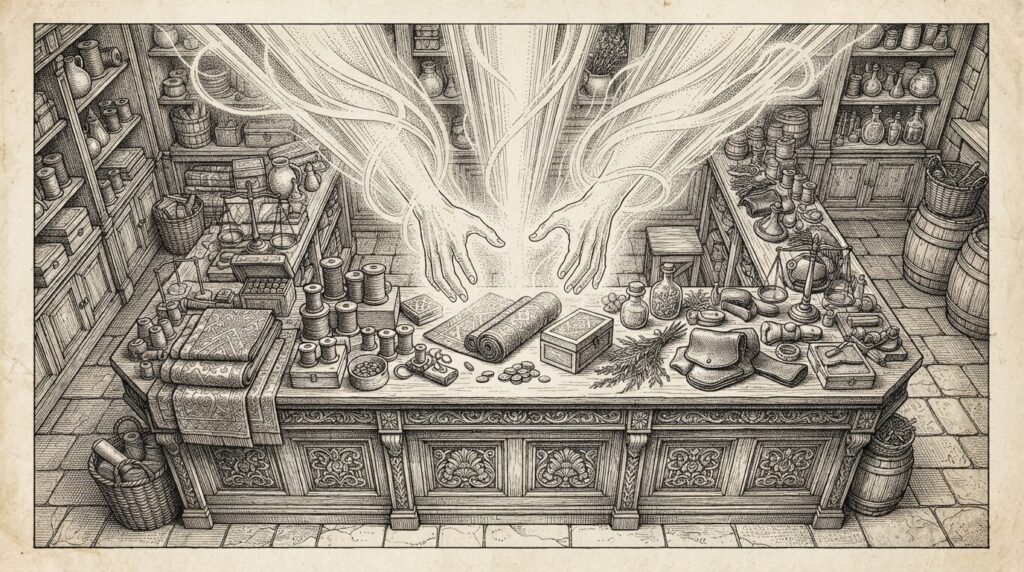 An empty merchant's counter with goods displayed while ethereal invisible hands reach from above toward the merchandise - the storefront has become the salesperson through invisible commerce