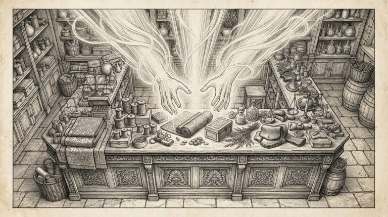 An empty merchant's counter with goods displayed while ethereal invisible hands reach from above toward the merchandise - the storefront has become the salesperson through invisible commerce